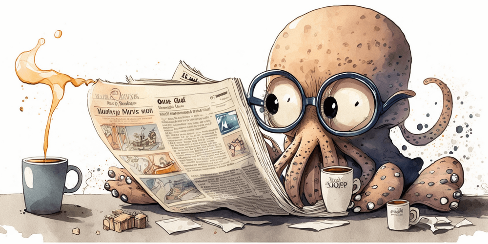 a watercolor style illustration of an octopus wearing glasses and reading a newspaper