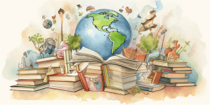 A watercolor style illustration of a globe sitting alongside a large pile of books.