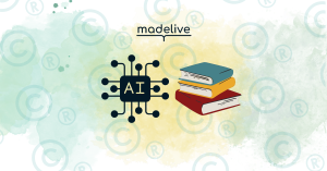 Watercolor background with an AI icon and stack of books beside it, backed by copyright marks