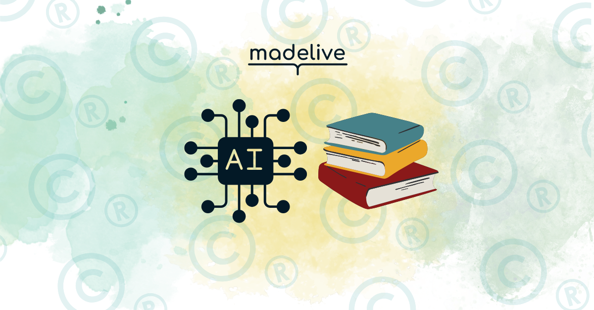 Watercolor background with an AI icon and stack of books beside it, backed by copyright marks