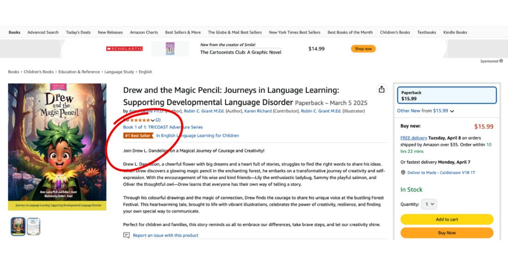 A screenshot of the Amazon book page showing Drew and the Magic Pencil as #1 Best Seller