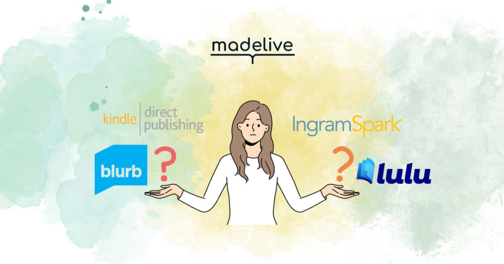 A woman with hands outstretched, question markes above her open hands. Logos for popular print-on-demand companies surround her.