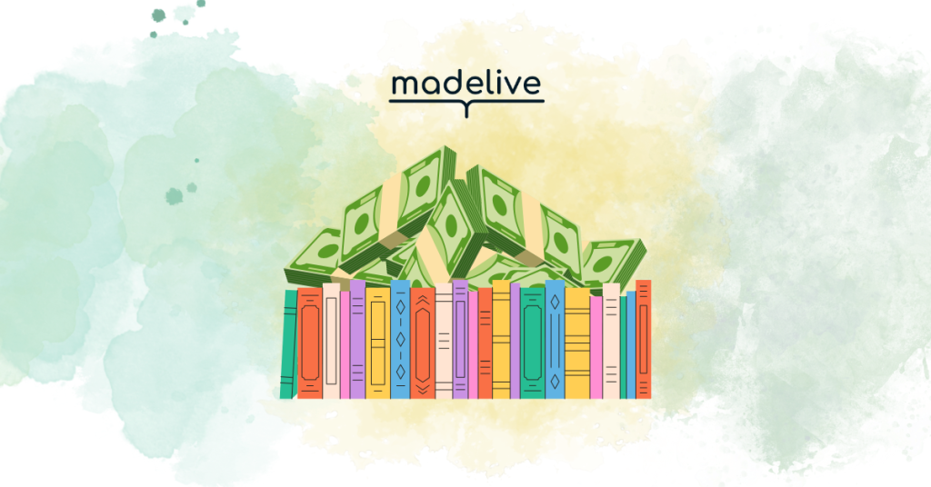 A line of books with a pile of money behind it.